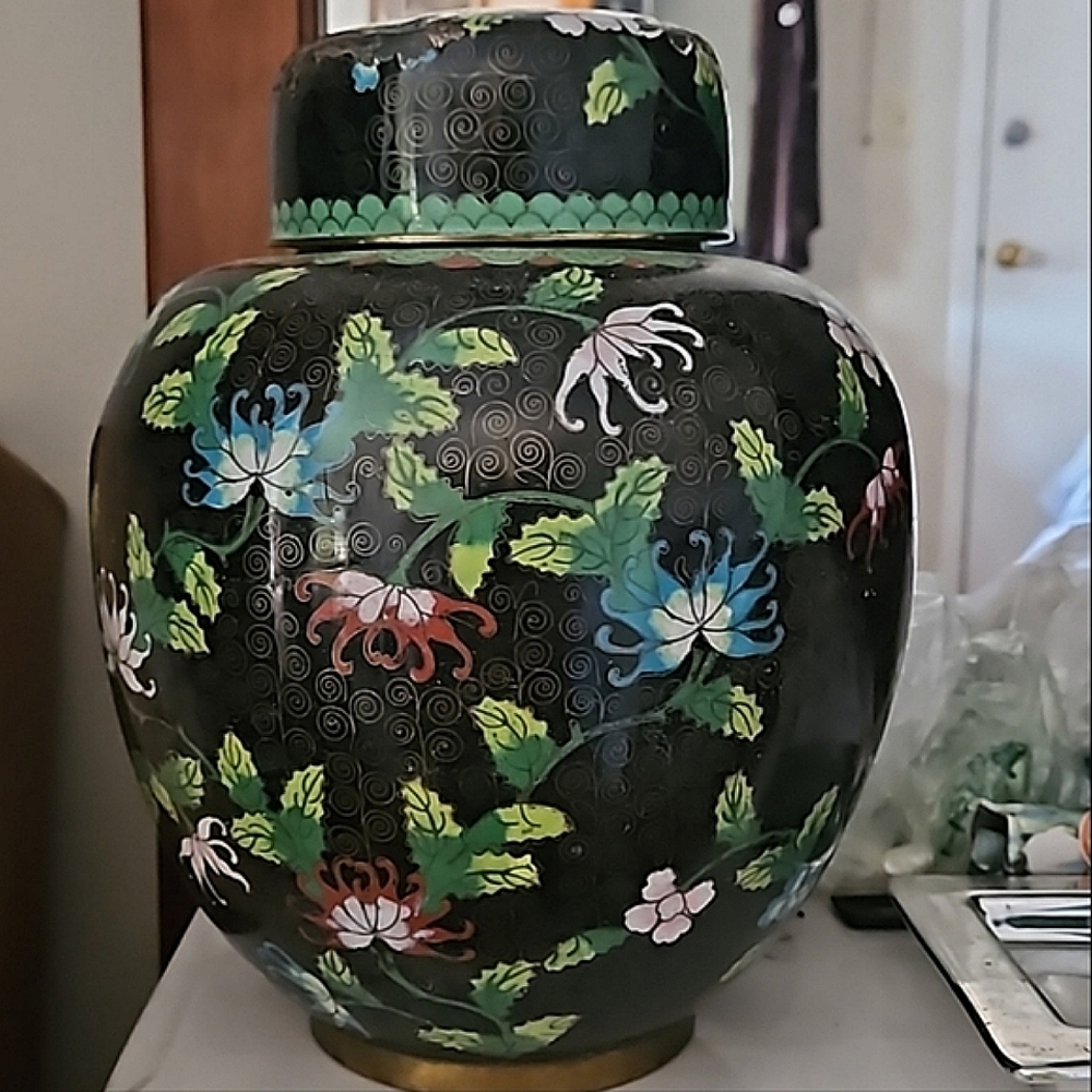 11” Brass marked lifded urn / jar authentic . wirebending cherry blossoms read